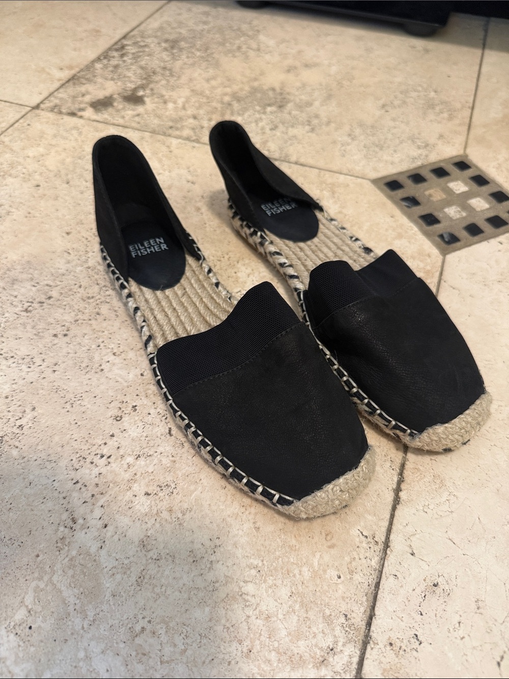 Eileen Fisher Black Espadrille Flats with Natural Jute Trim